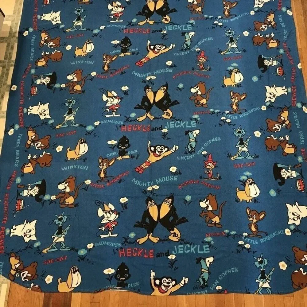 Terry Tunes Vintage Bedspread Mighty Mouse Heckle Jeckle Blue Queen
